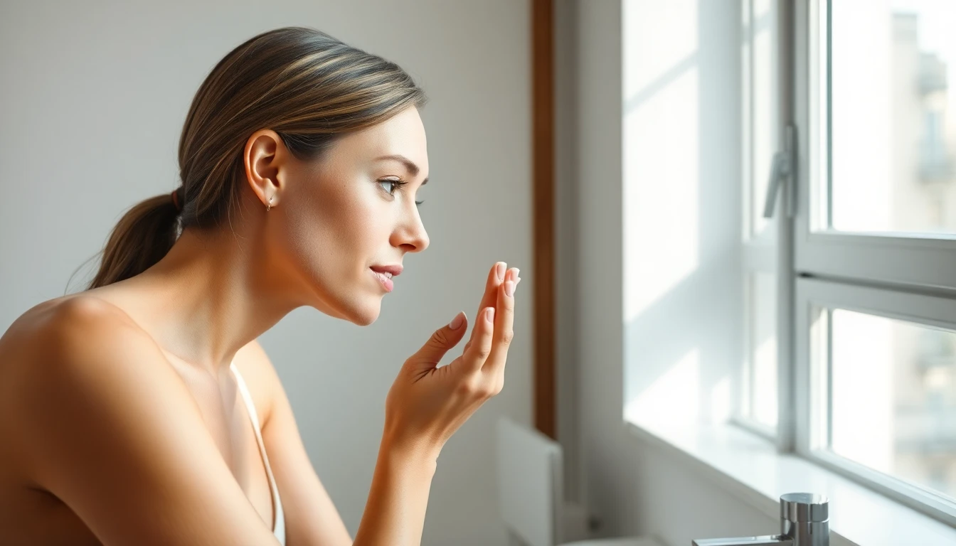 Femme examinant sa peau dans un miroir pour évaluer l'état et le besoin de soins en institut