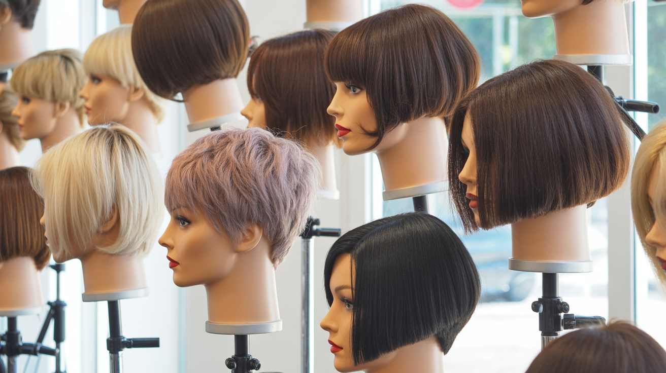 Différentes variantes de carrés courts présentées sur des têtes de coiffure