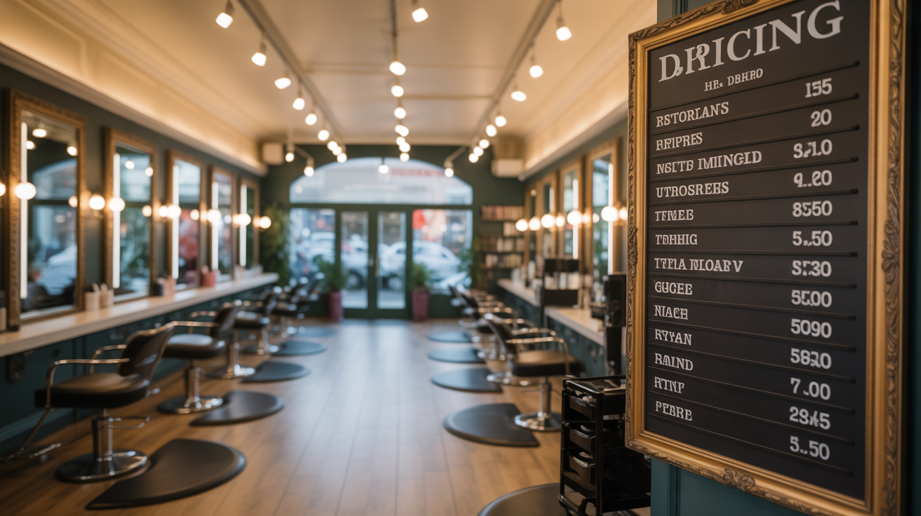 Intérieur de salon de coiffure haut de gamme avec tarifs affichés