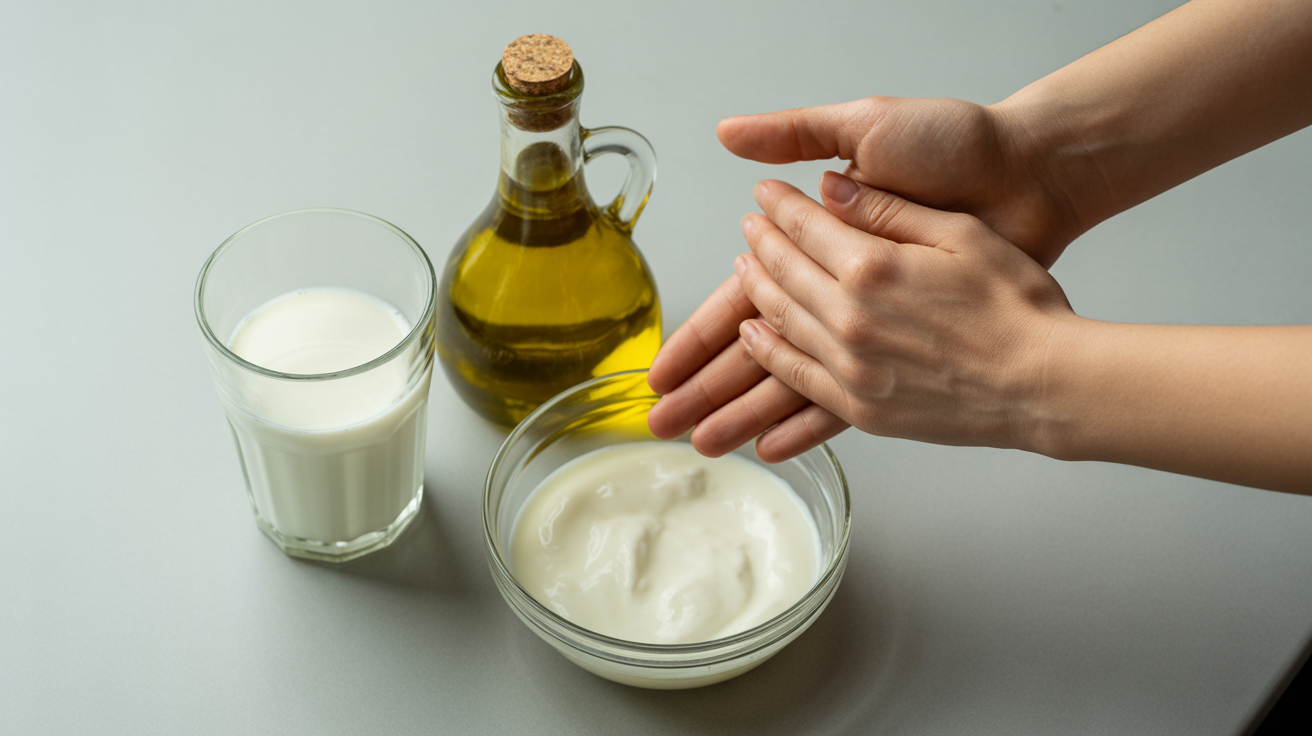 Remèdes naturels contre les brûlures de piment : lait, huile d'olive et yaourt disposés sur un plan de travail