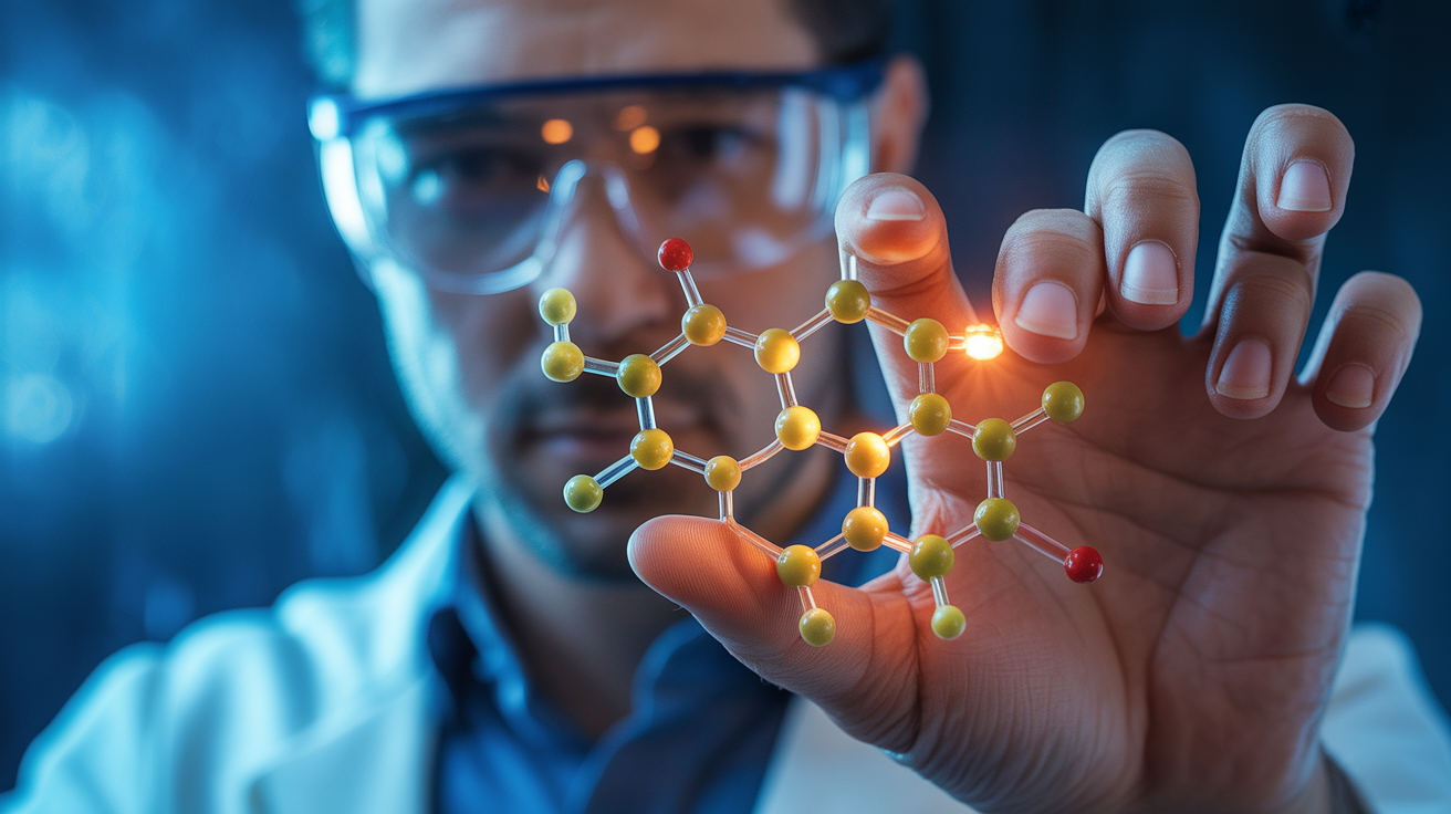Visualisation scientifique de la capsaïcine sur les doigts montrant l'aspect moléculaire de la brûlure