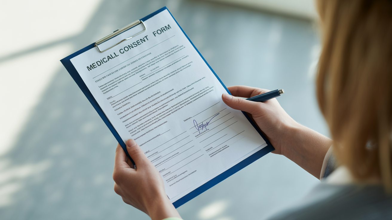 Adolescent et parent signant un formulaire de consentement médical pour épilation laser