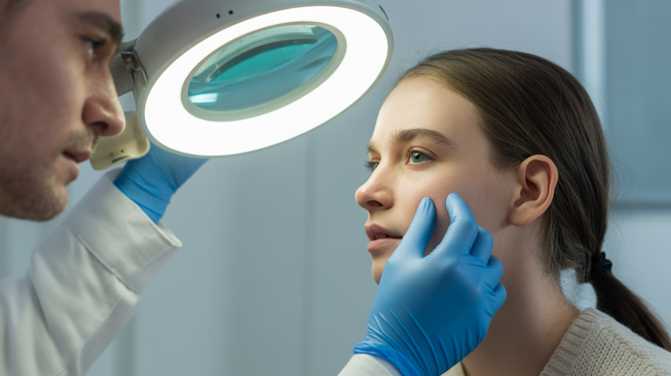 Dermatologue examinant la peau d'un adolescent avec une loupe médicale