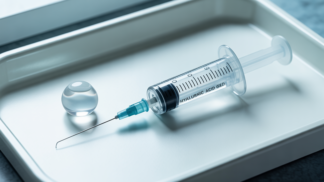 Seringue d'acide hyaluronique sur plateau médical stérilisé illustrant les coûts des traitements esthétiques