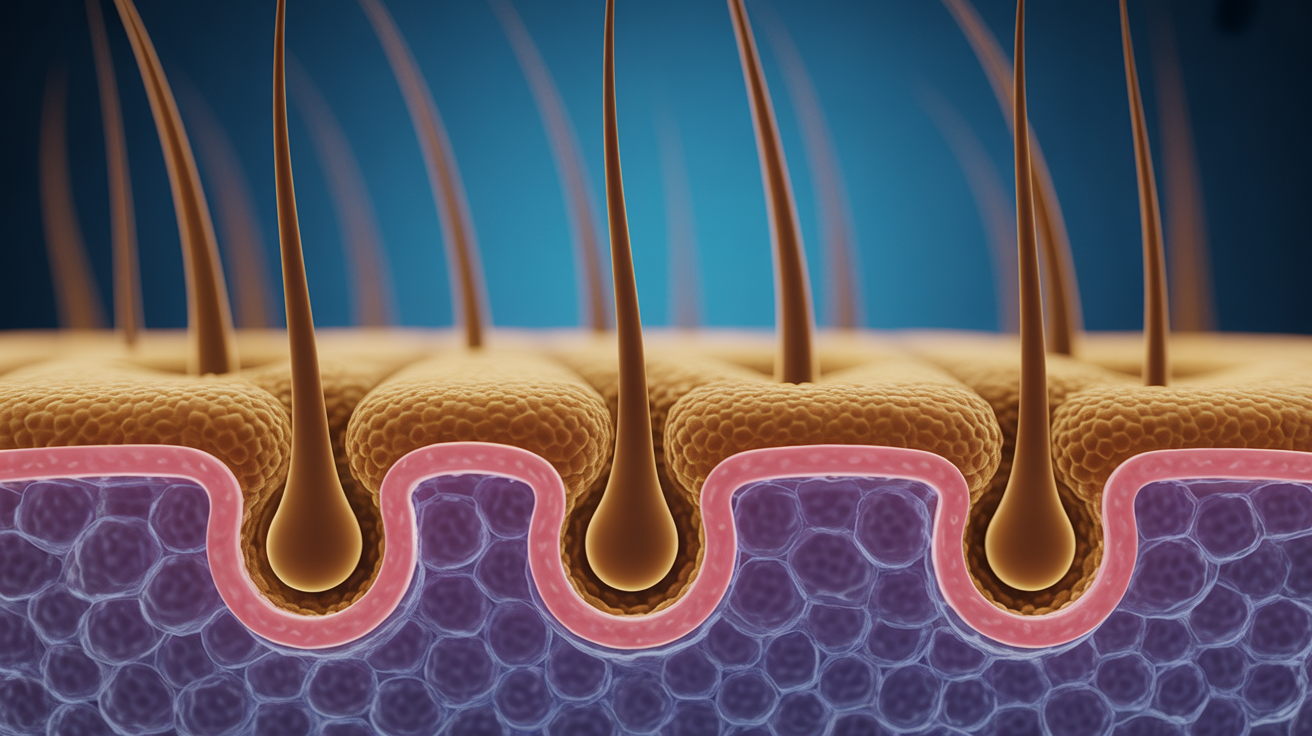 Vue microscopique des follicules pileux montrant les différentes phases du cycle de croissance capillaire