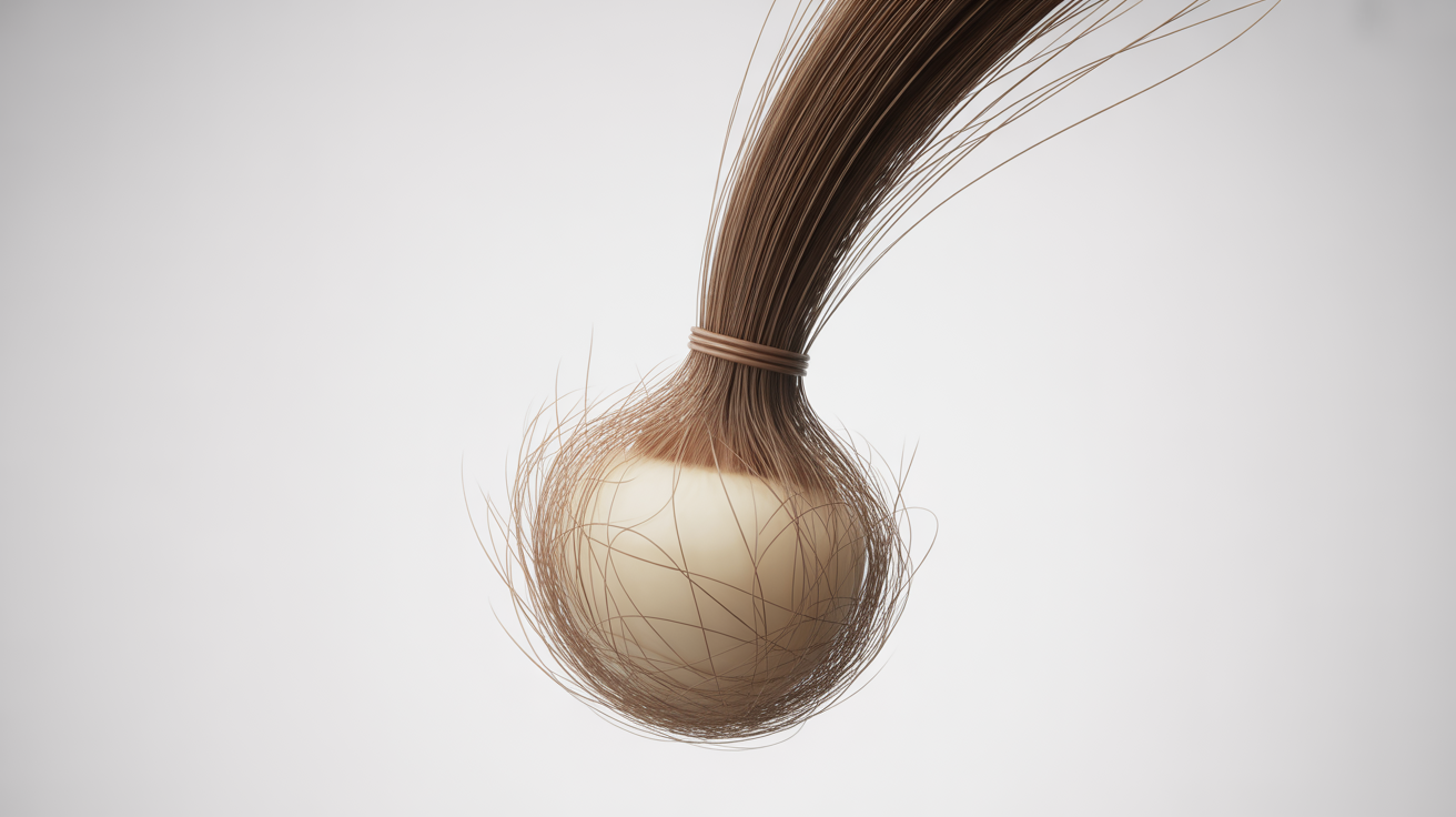 Gros plan d'un cheveu avec son bulbe blanc naturel en phase télogène