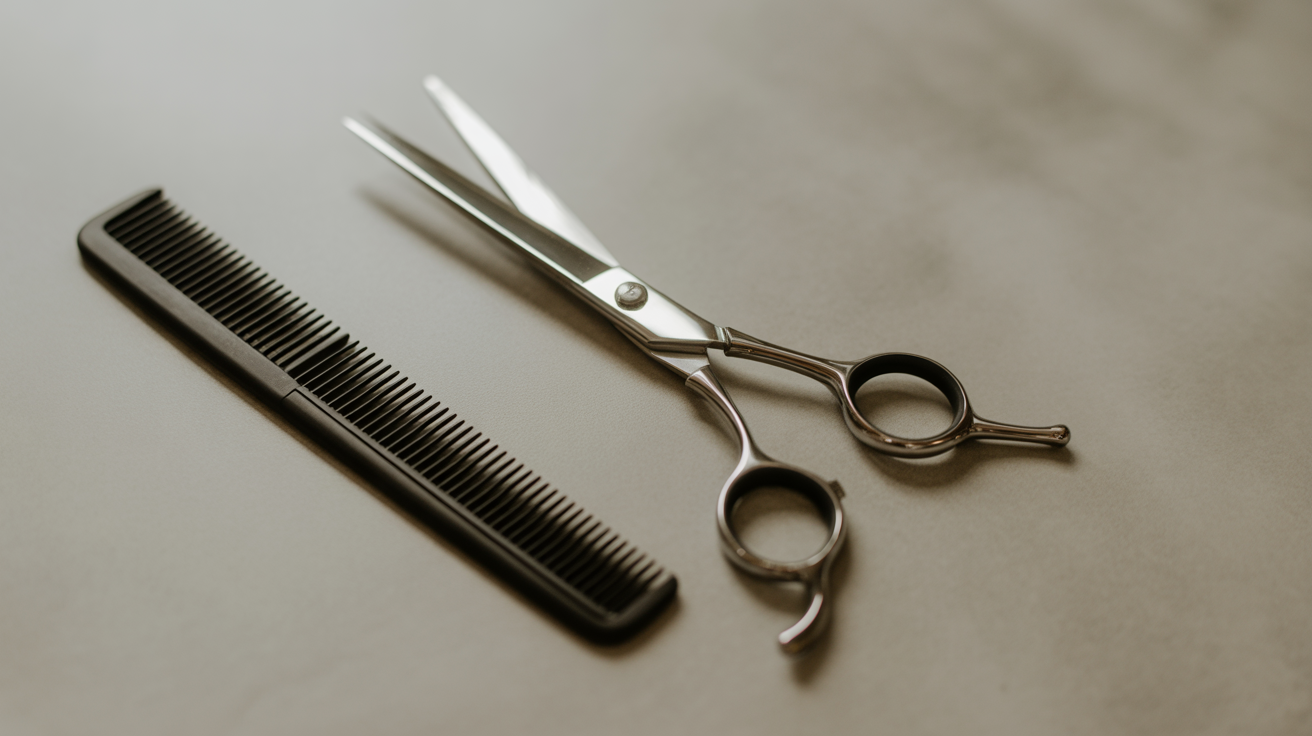 Outils de coiffure professionnels disposés de manière esthétique pour illustrer la coupe de cheveux