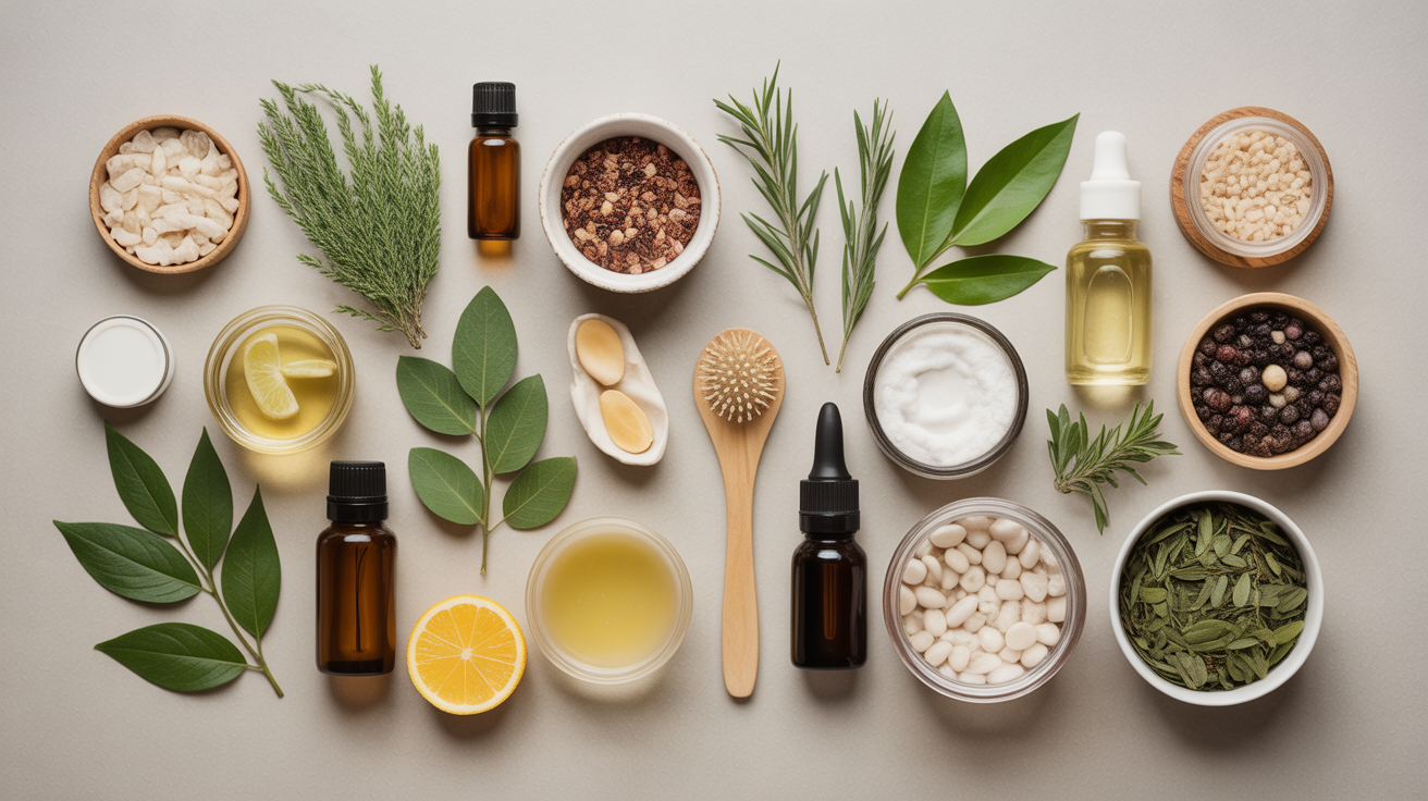 Ingrédients naturels pour les soins capillaires disposés harmonieusement en vue de dessus