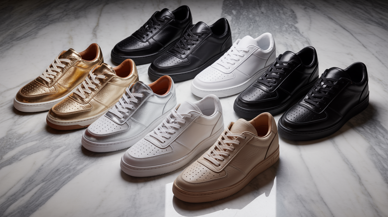 Collection de baskets en cuir haut de gamme pour soirées, modèles noirs et métallisés sur surface élégante