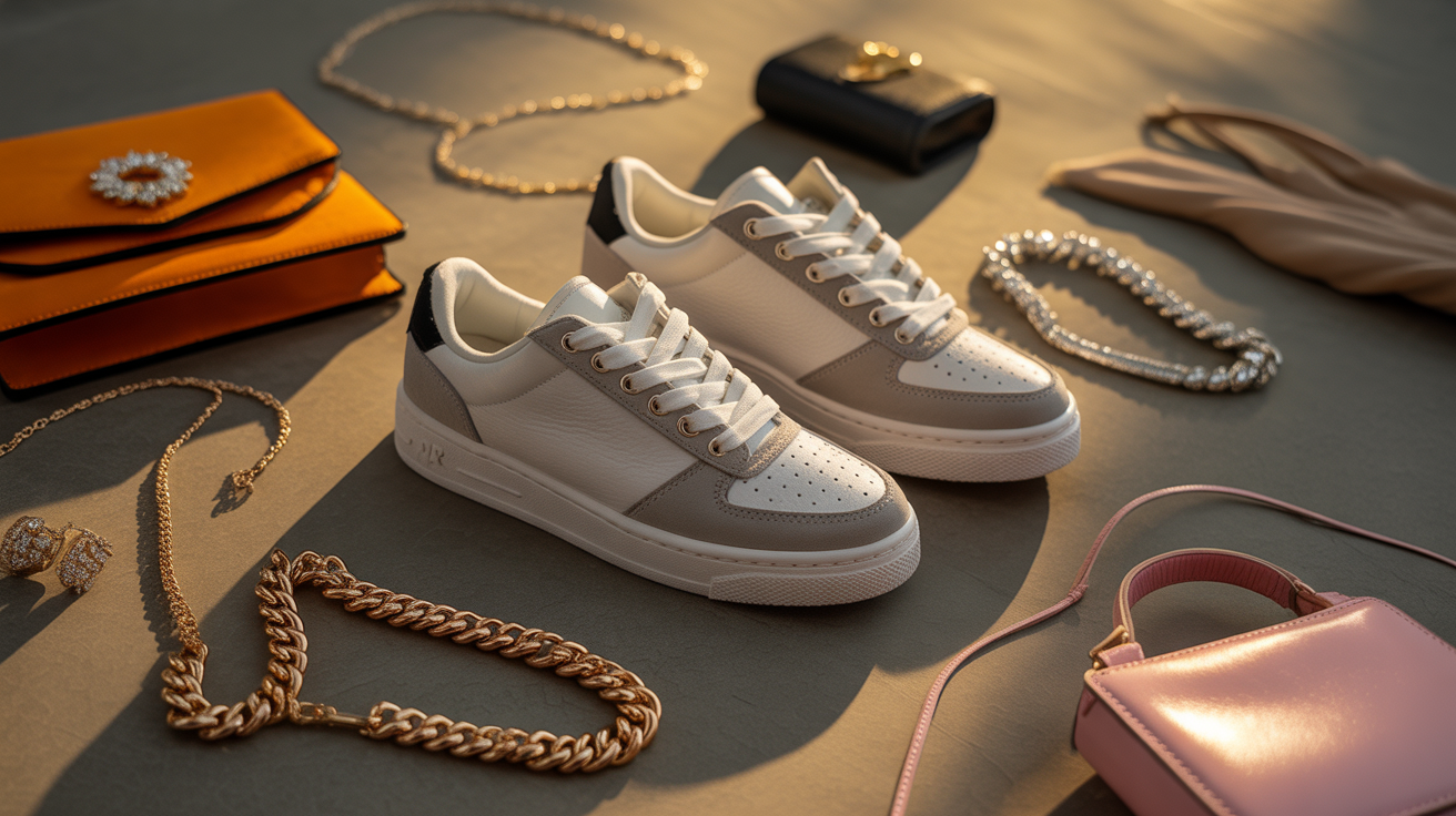 Accessoires de mode disposés élégamment pour compléter une tenue de soirée avec baskets