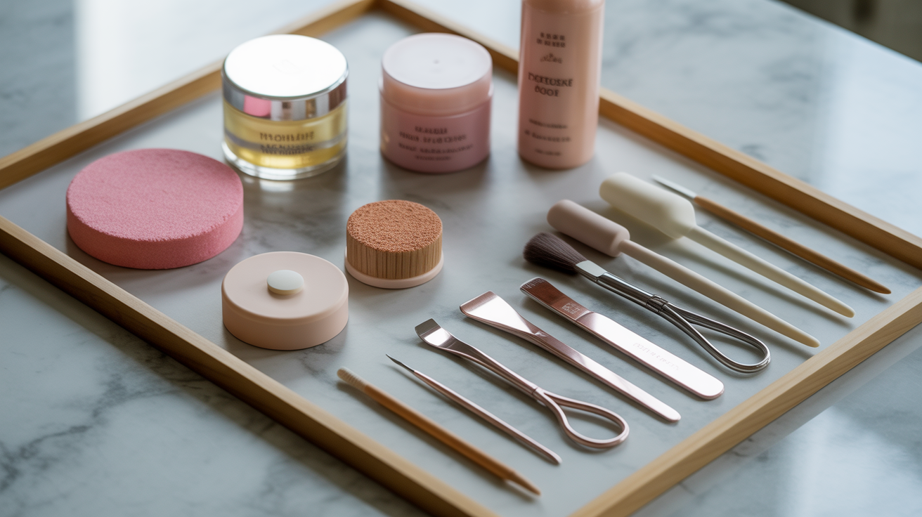 Kit de manucure japonaise avec outils de polissage et produits naturels disposés sur marbre