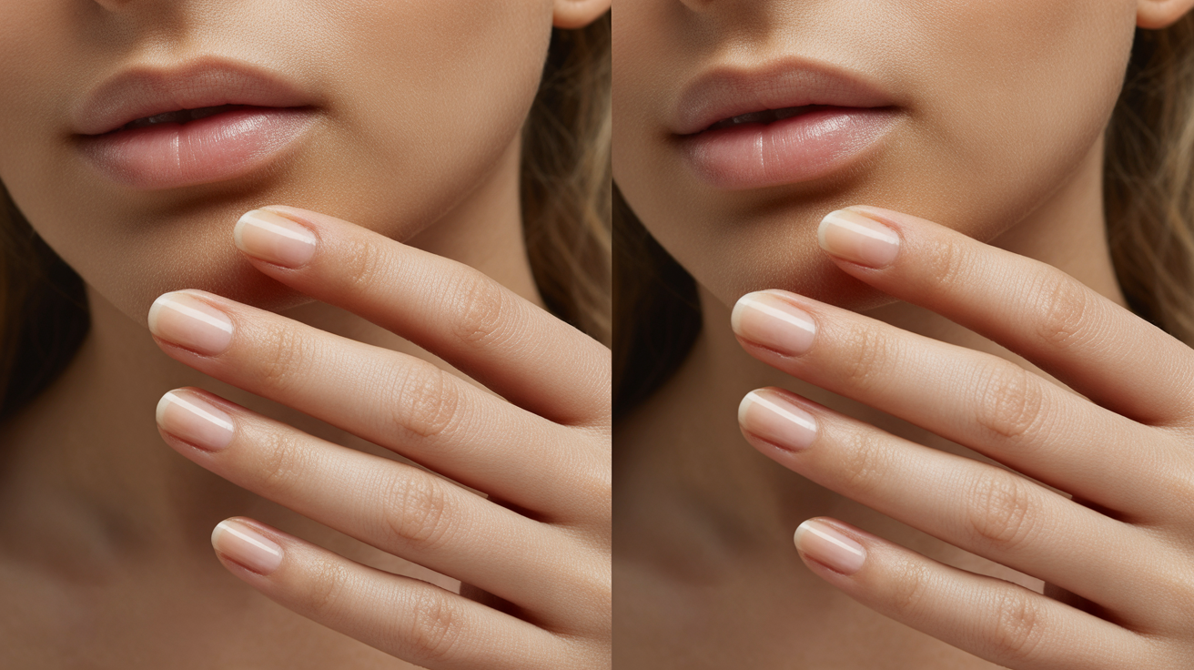 Comparaison visuelle entre ongles traités avec manucure japonaise et manucure classique