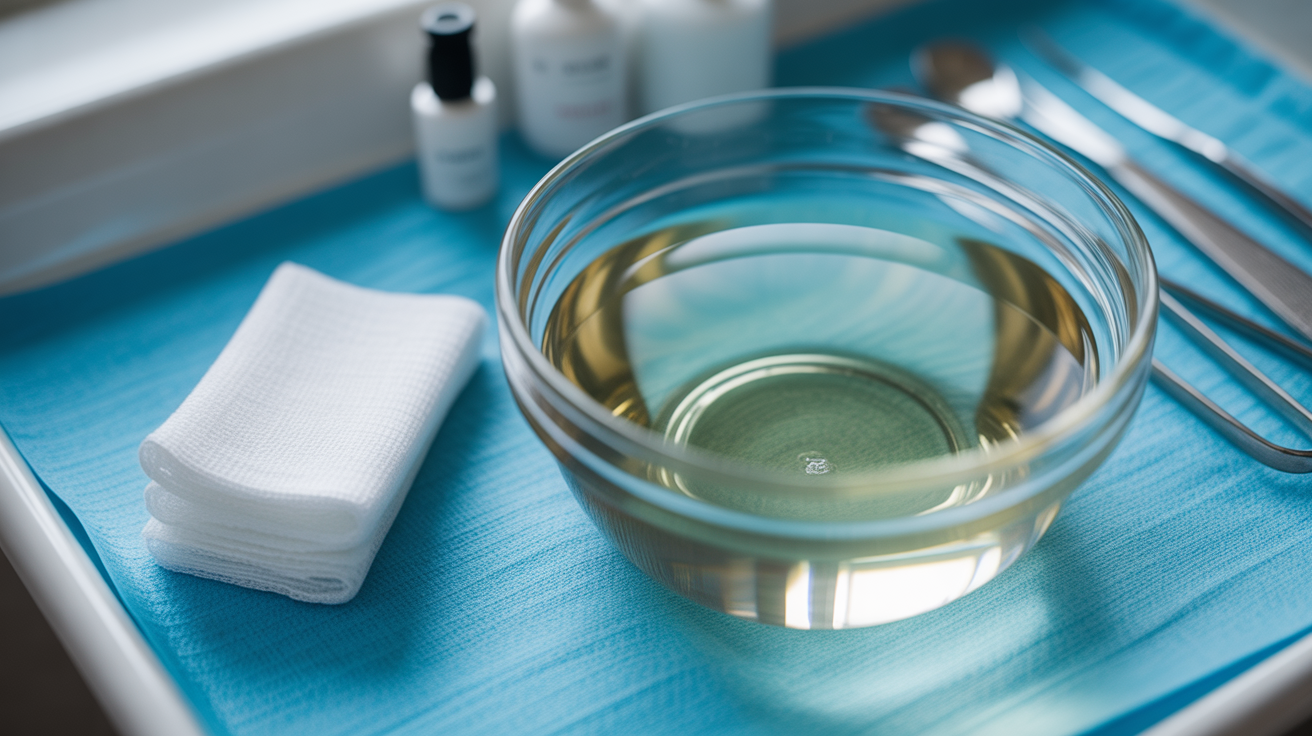 Matériel pour traitement Dakin avec solution antiseptique diluée et compresses stériles