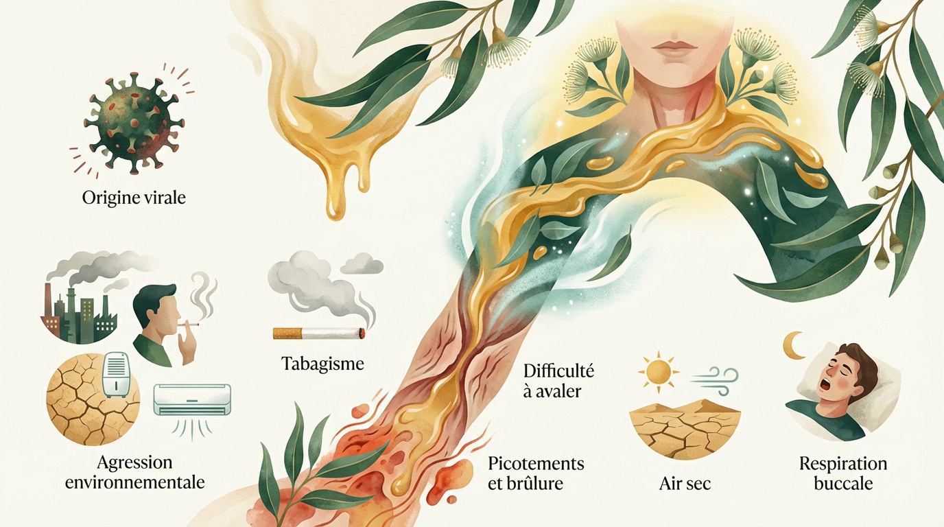 Femme élégante prenant soin de sa gorge irritée avec une boisson chaude