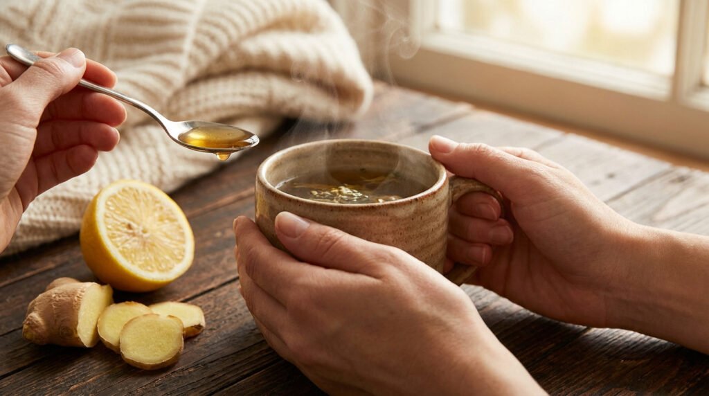 Mains préparant une boisson chaude avec miel, citron et gingembre pour soulager la gorge. Vapeur s'échappant d'une tasse.
