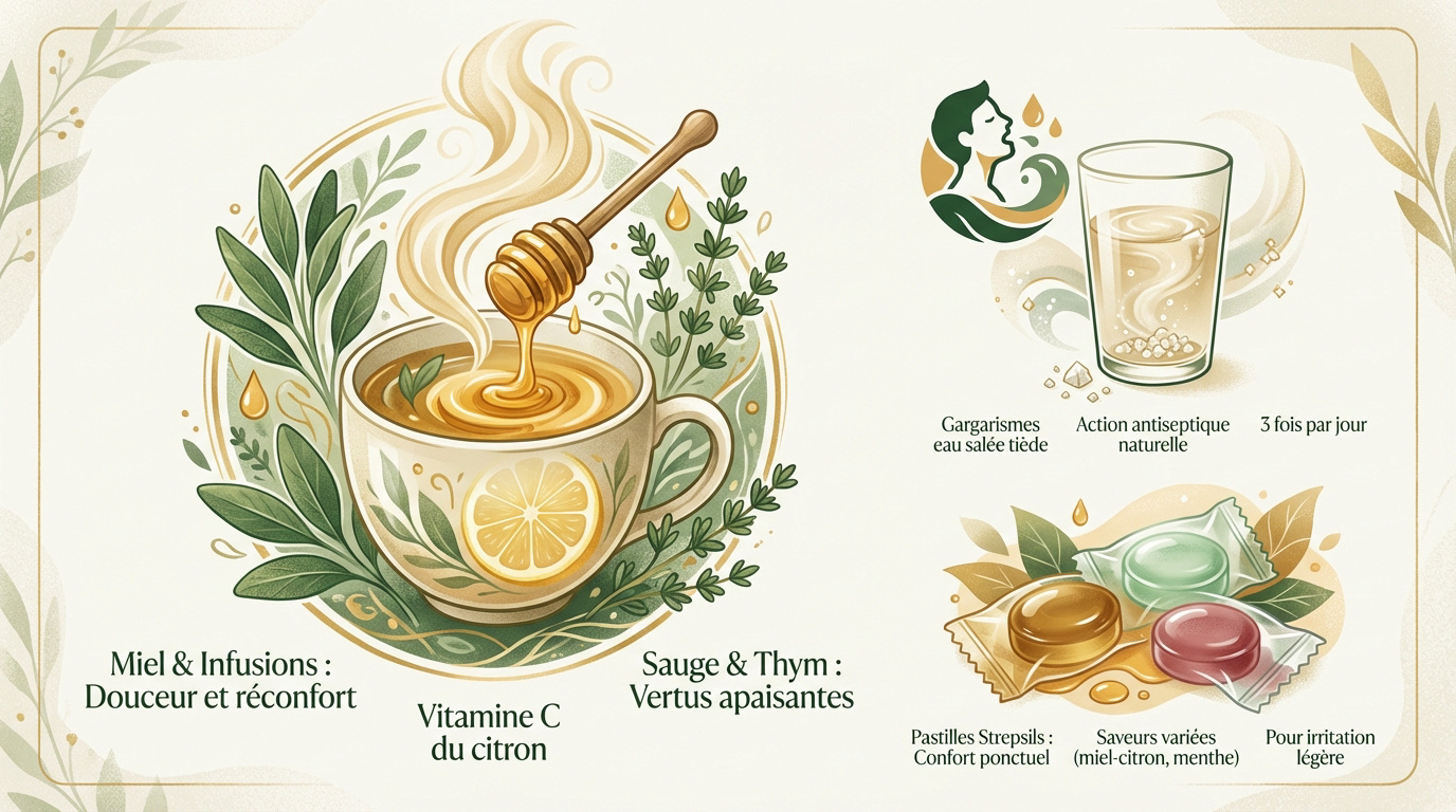Remèdes naturels et pastilles pour apaiser une gorge irritée