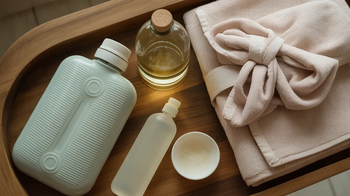 Kit de récupération pour soulager les douleurs musculaires avec bouillotte, huiles de massage et accessoires thérapeutiques