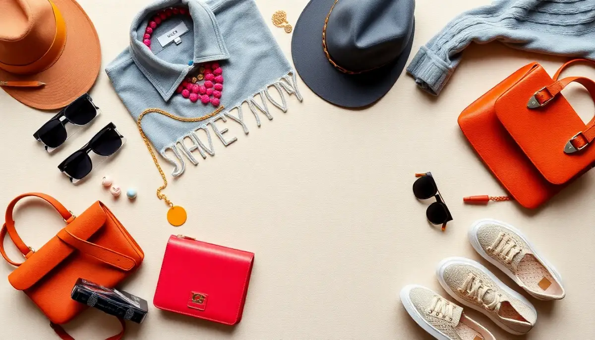 Look complet en gris avec accessoires colorés disposés en flat lay