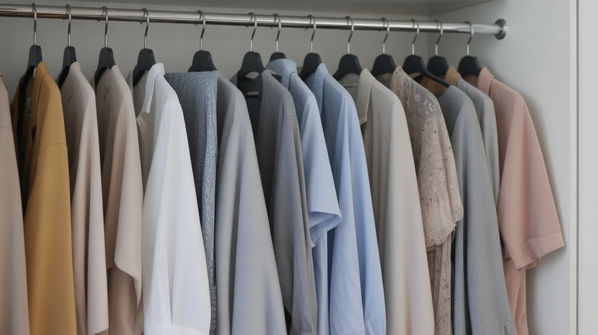 Garde-robe organisée avec pièces grises intégrées parmi les autres couleurs