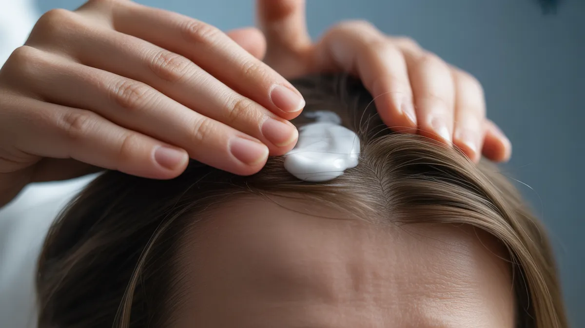 Application d'une lotion apaisante sur cuir chevelu irrité après traitement poux
