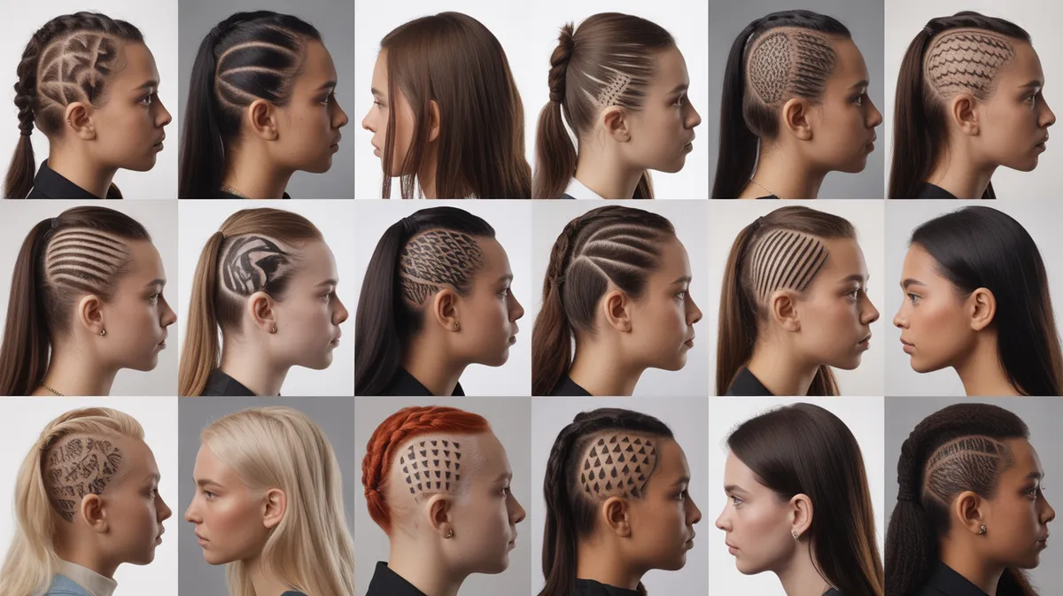 Collection de différents motifs hair tattoo géométriques et tribaux sur diverses textures de cheveux