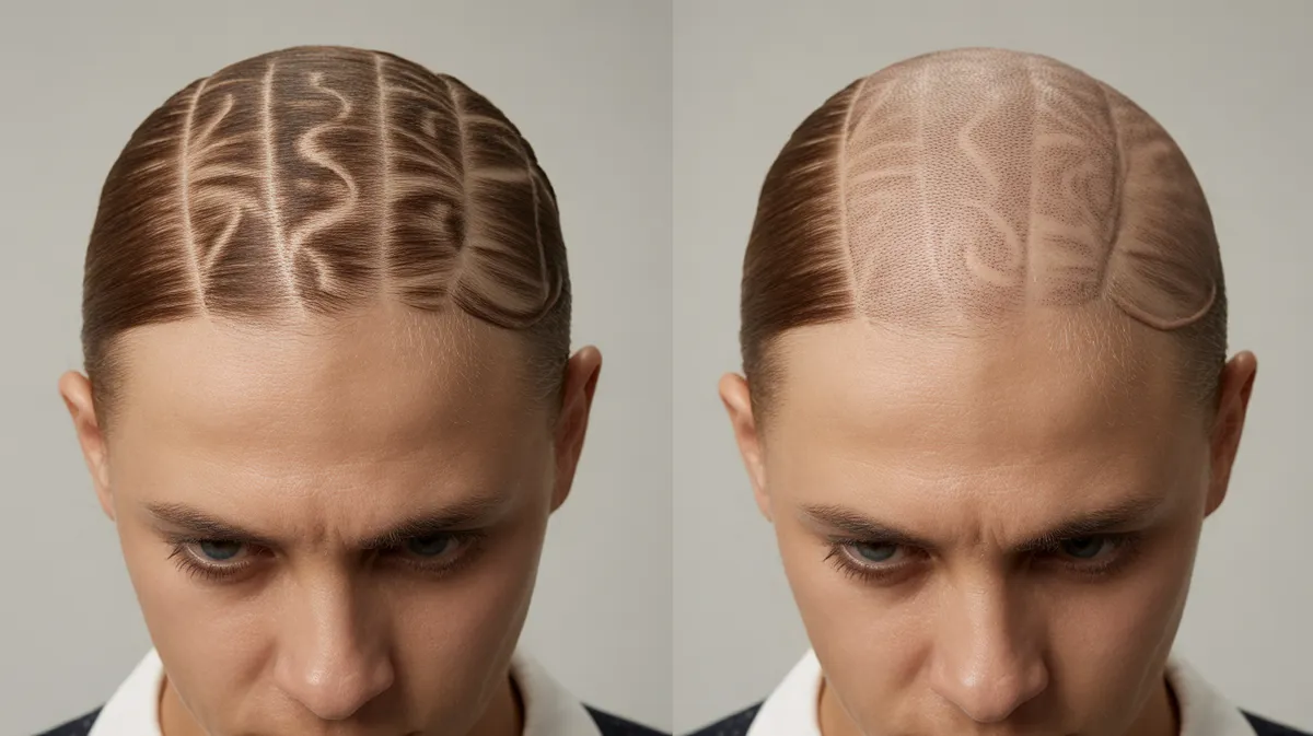Comparaison avant-après montrant l'évolution d'un hair tattoo avec la repousse des cheveux