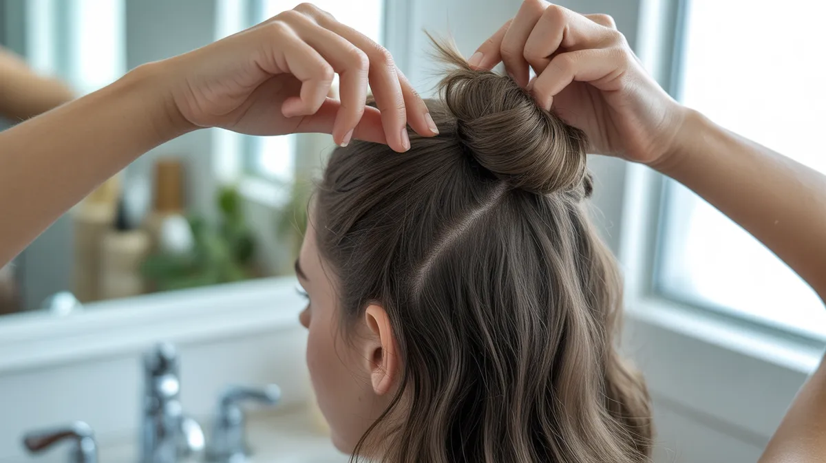 Démonstration étape par étape de la technique du demi-bun, montrant les mains en train de rassembler les cheveux