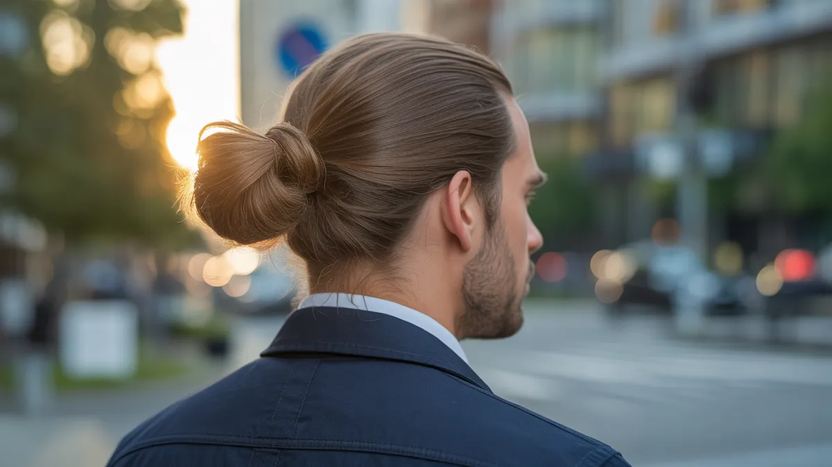 Vue arrière et de profil d'un man bun classique parfaitement réalisé avec des cheveux de longueur moyenne