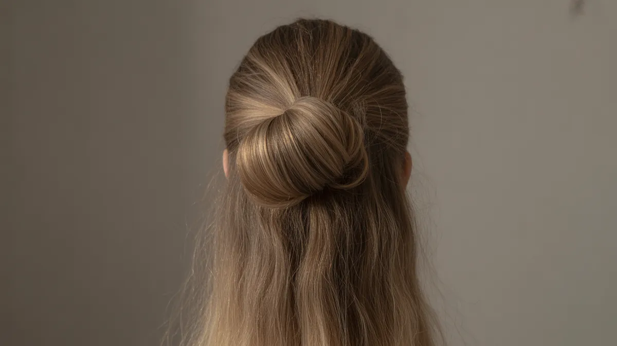 Vue du dessus d'un full bun réalisé sur cheveux très longs, montrant le volume et la technique complète