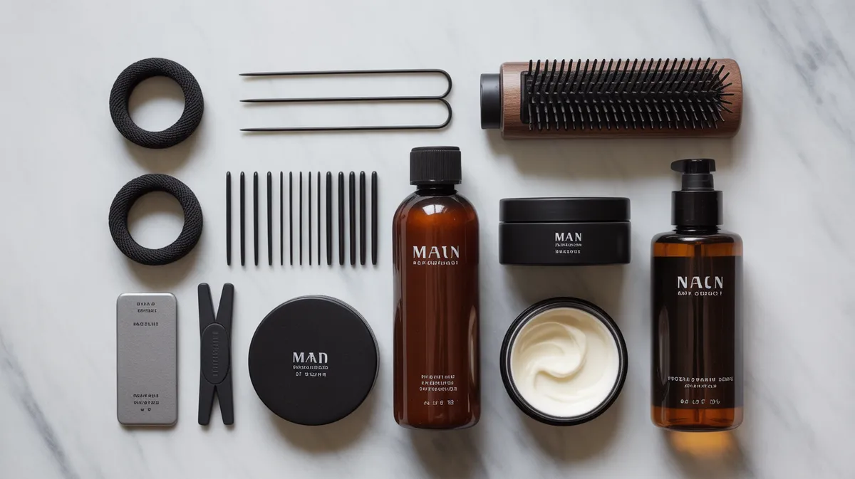 Matériel et produits essentiels pour réussir un man bun : élastiques, épingles, crème coiffante et huile capillaire