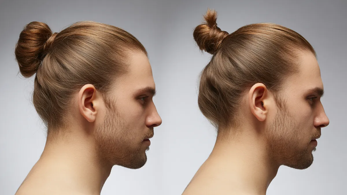 Comparaison visuelle entre les erreurs courantes et la technique parfaite du man bun, montrant les bonnes pratiques